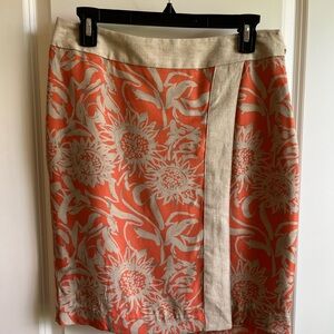 Coral Floral Print Pencil Skirt with Linen Trim